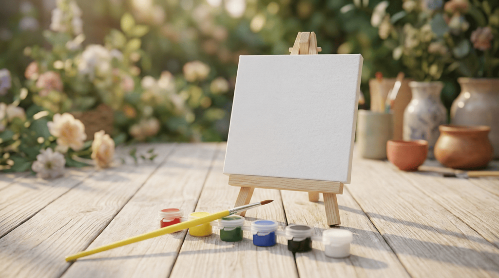Mini kit de arte con lienzo en blanco y pinturas, listo para crear