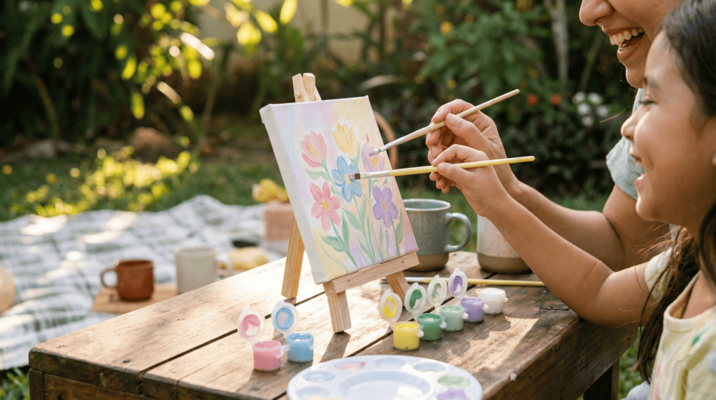 Personas pintando juntas un lienzo con un kit creativo, creando un momento feliz